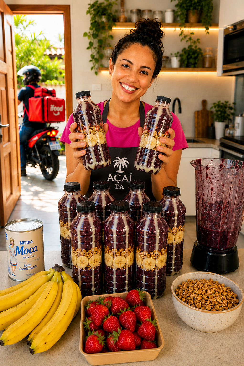 Mulher na cozinha vendendo açaí na garrafa com entregador ao fundo